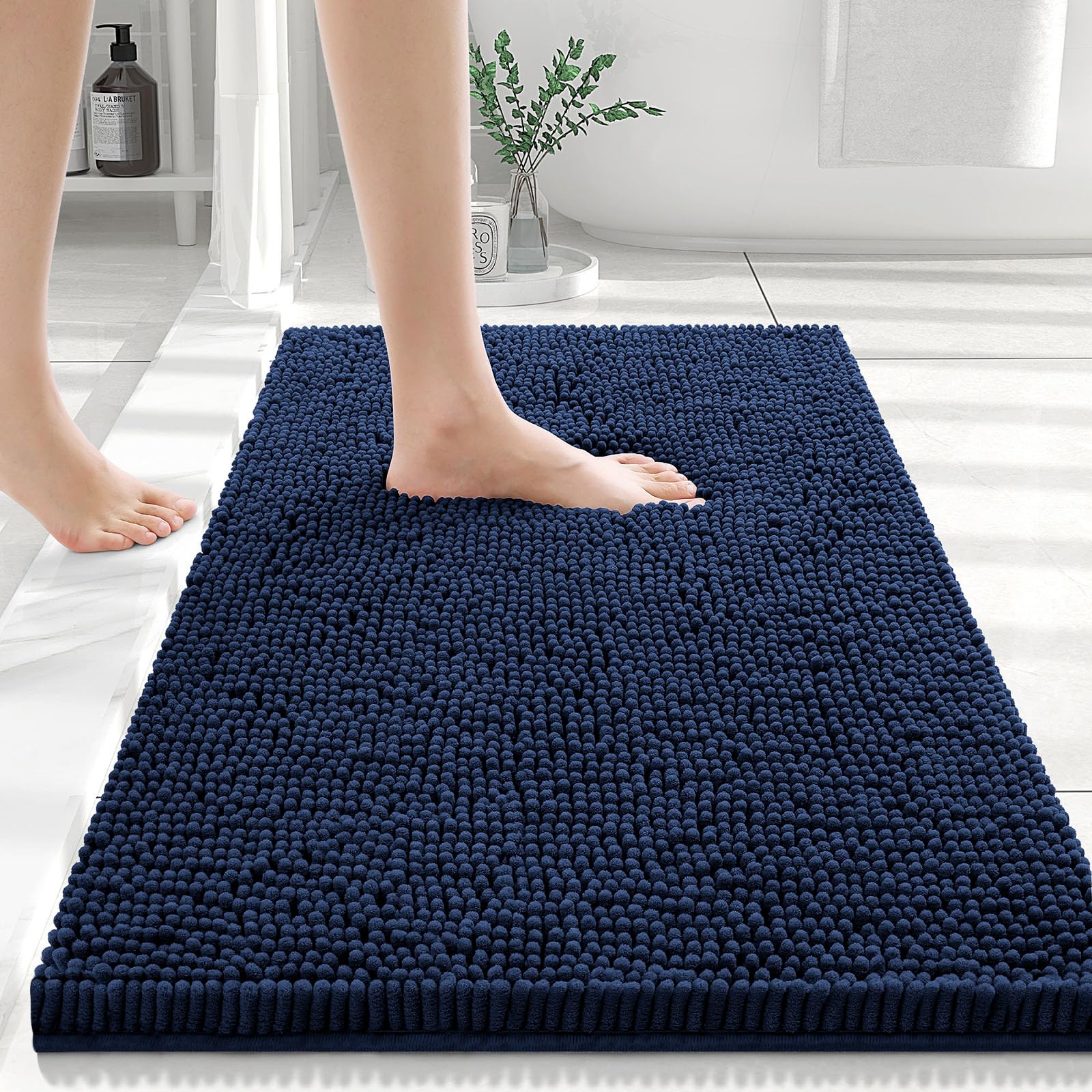 smiry Chenille Bath Mat, 40 x 60 cm, Non-Slip Super Absorbent Bathroom Mat Extra Soft Fluffy Bath Mats for Bathroom Thick Machine Washable Bathroom Floor Mats Rugs, Navy Blue