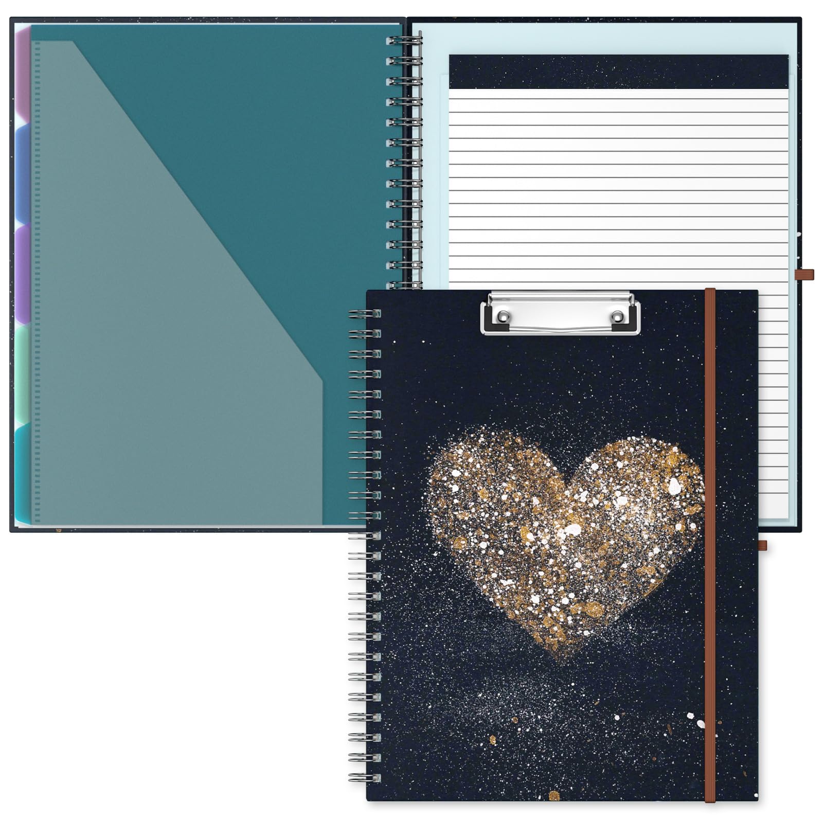 Hnogri Clipboard Folio with Refillable Lined Notepad, Clipboards with 5 A4 Folders Storage 10 Pockets, Spiral Clip Board Portfolio, Size 12.8" x 9.7", Office Supplies, School Supplies, Scaly Love