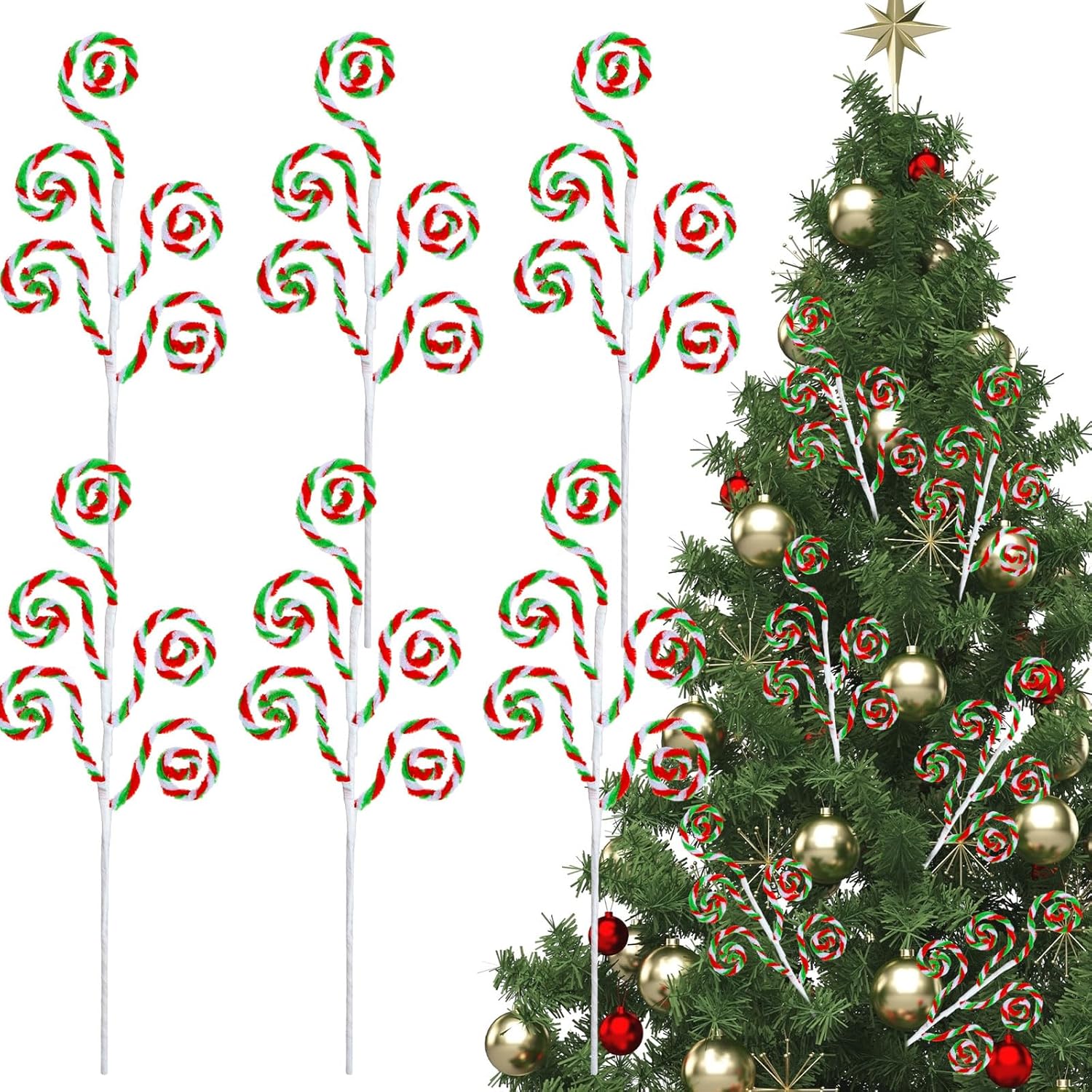 Tree Toppers - Gerrii 6 Pcs 16 Inch Red White Green Christmas Tree Picks Decoration Candy Cane Woolen Bells Curly Pick Lollipop Large for Xmas Tree Topper Decor Vase Filler Craft Wreath Holiday Party Ornament