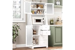 BOTLOG 64'' Kitchen Pantry Storage Cabinet, Tall Kitchen Storage Cabinet with Microwave Stand, Hutch Cabinet with Adjustable Shelves, for Dining Room (White)