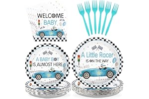 Greencian 96Pcs Blue Race Car Baby Shower Decorations for Boys Blue Race Car Plates and Napkins A Little Racer Is on the Way Plates for Birthday Baby Shower Party Supplies Serves 24