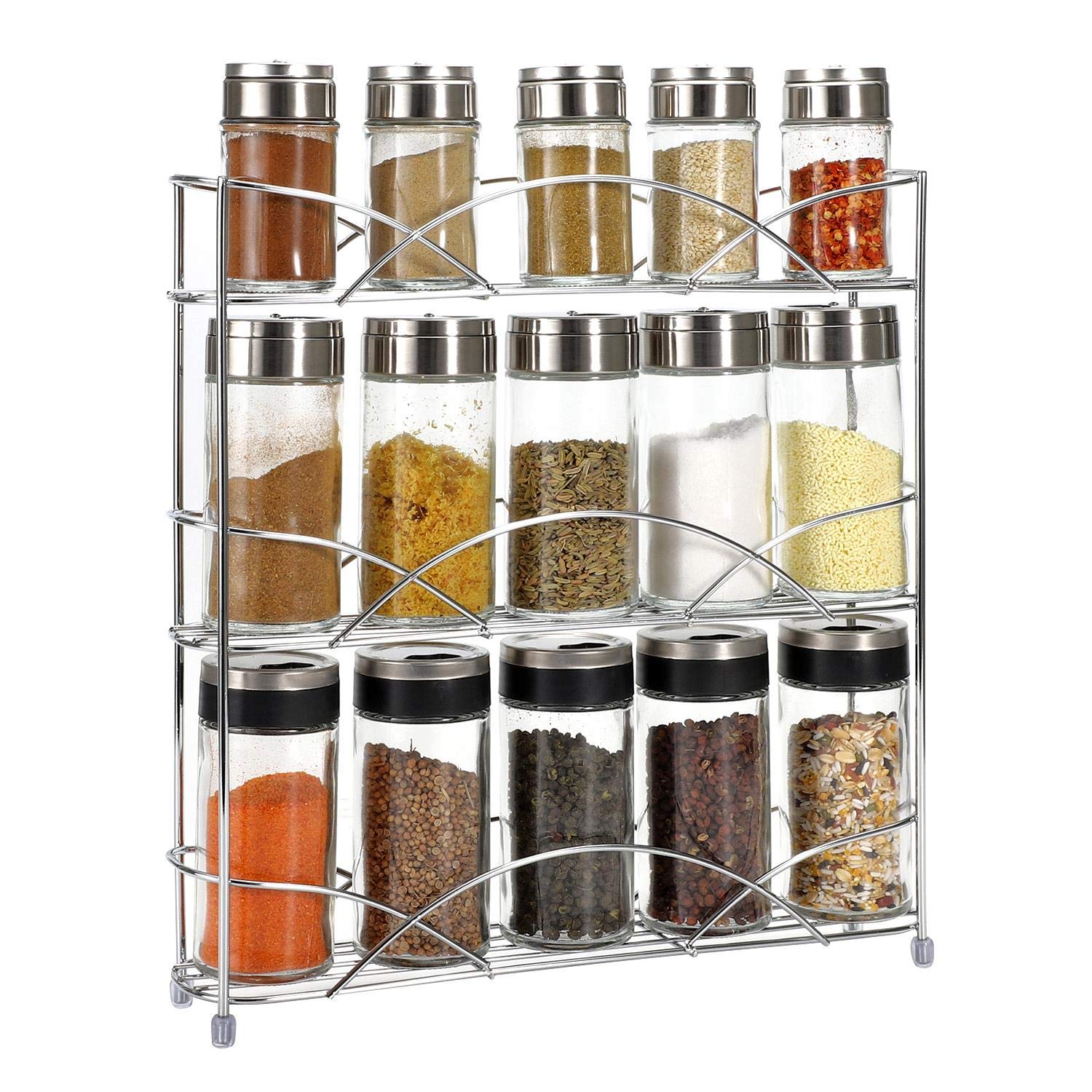 Vinsani 3-Tier Spice Rack – Freestanding Kitchen Shelf Organiser for Herbs, Spices, Jars & Bottles – Space-Saving Countertop & Cabinet Storage, Chrome-Plated Iron - Chrome