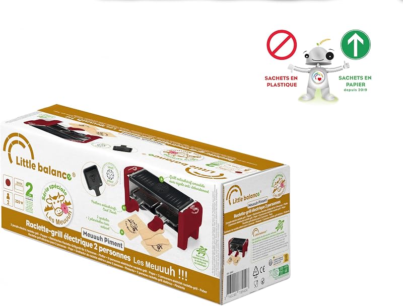8940 Raschietto Duo Meuuh…!, Dispositivo per raclette 1/2 persone, Grill rimovibile, 2 spatole + 2 tavolette, senza PFAS, antiaderente, 320 W, peperoncino