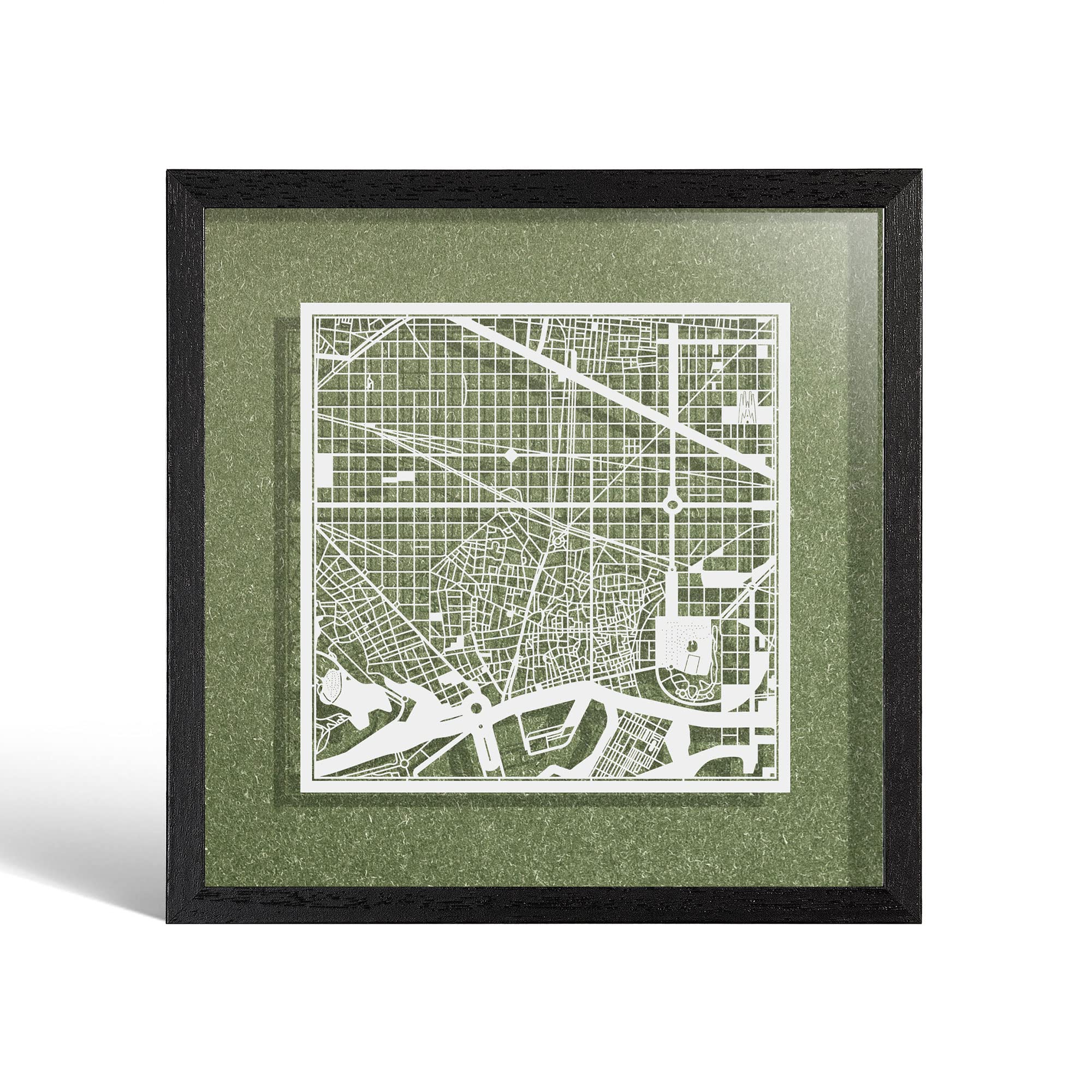 O3 DESIGN STUDIO Barcelona Marco de Papel para mapas, White map, Black frame, 9x9 inches, Gift Boxed, 4 background color, self-changing, Paper Art