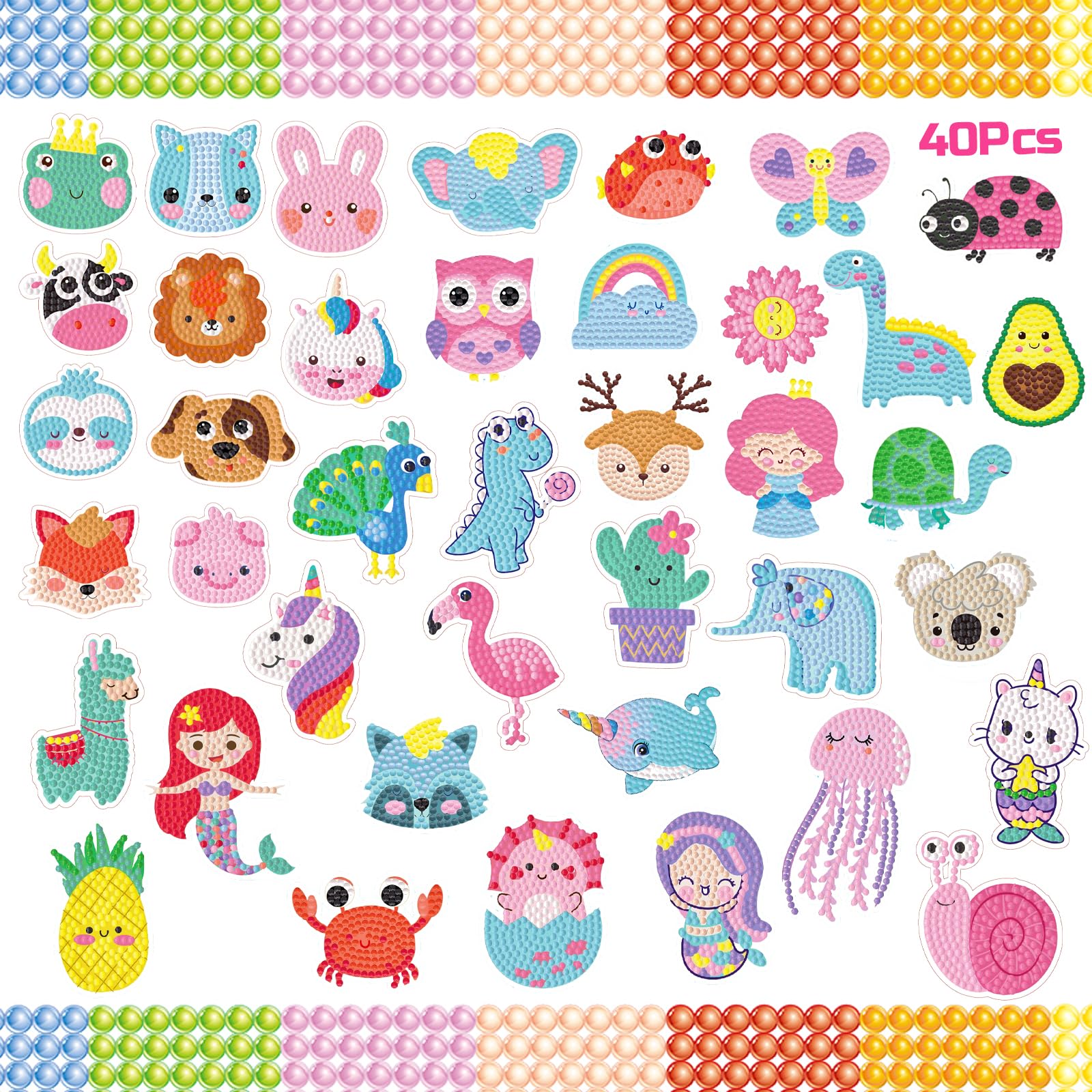 CAYUDEN Diamond Art Stickers, 40pcs DIY Kit for Kids 5D Painting Sticker Mermaid Gem Art Mosaic for Children, Cute Craft Kit for Ages 6 8 10 12