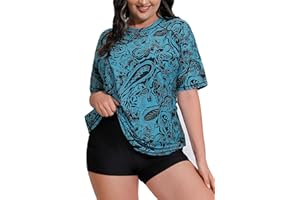 JOYBIK Women Plus Size Short Sleeve Rash Guard Sets with Built in Bra UPF50+ Swim Shirt and Shorts Two Piece Swimsuit
