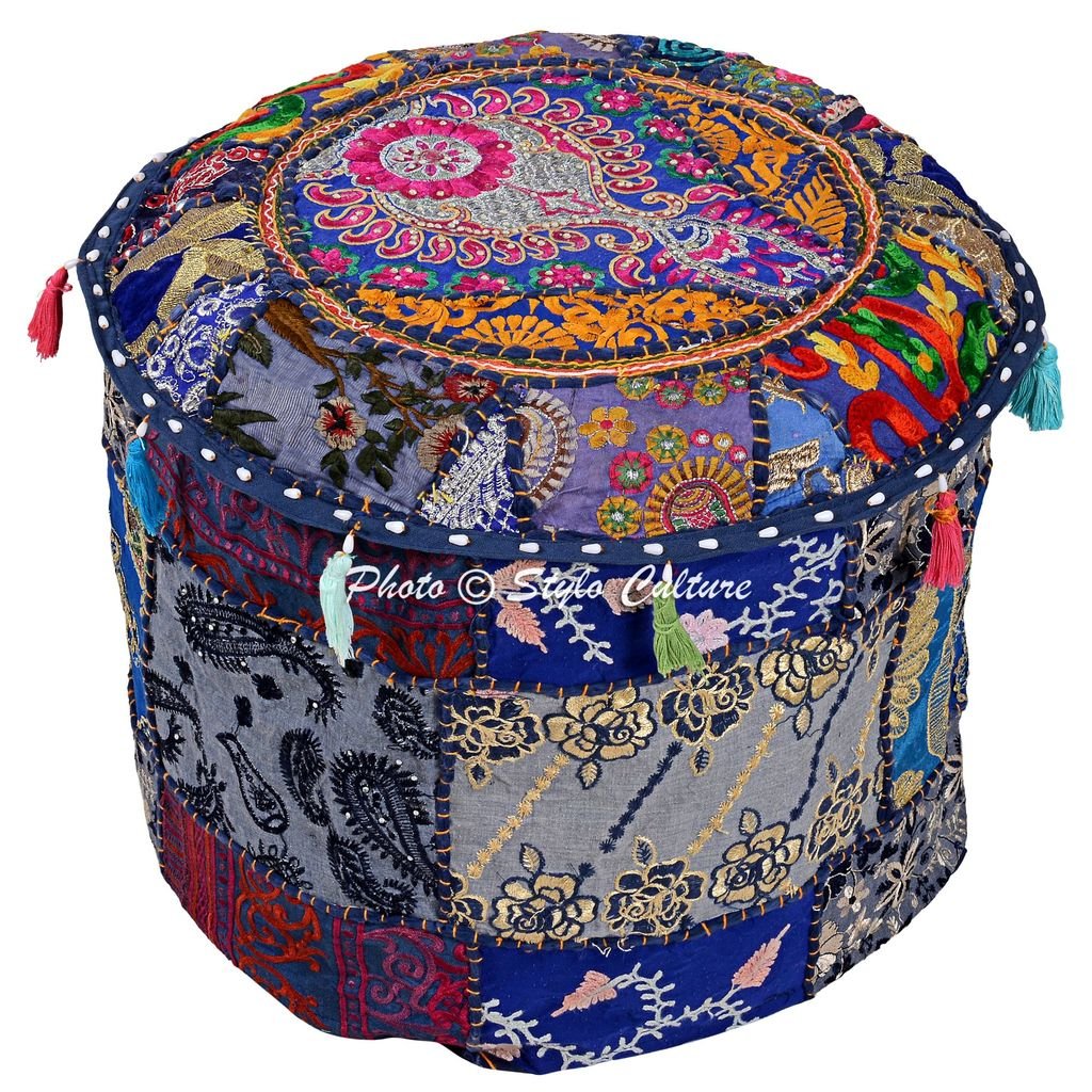 Stylo Culture Round Indian Navy Pouffe Footstool Cotton 22" Patchwork Embroidered Traditional Ottoman Floor Cushion Cover Ottoman Case Pouffe Pouf Cover Living Room Furniture (22x22x14) (COVER ONLY)