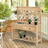 TANGZON Wooden Potting Bench Table with Trellis & Storage 120x43x150cm view 8