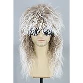 Topcosplay 80s Mullet Wig for Men and Women Rock Disco Wigs Long Curly Brown Gradient White