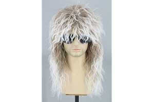 Topcosplay 80s Mullet Wig for Men and Women Rock Disco Wigs Long Curly Brown Gradient White