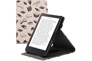 kwmobile Cover Compatible with Kobo Clara 2E / Tolino Shine 4 Case - Stand + Strap - Books and Pages Beige/Brown/Gold