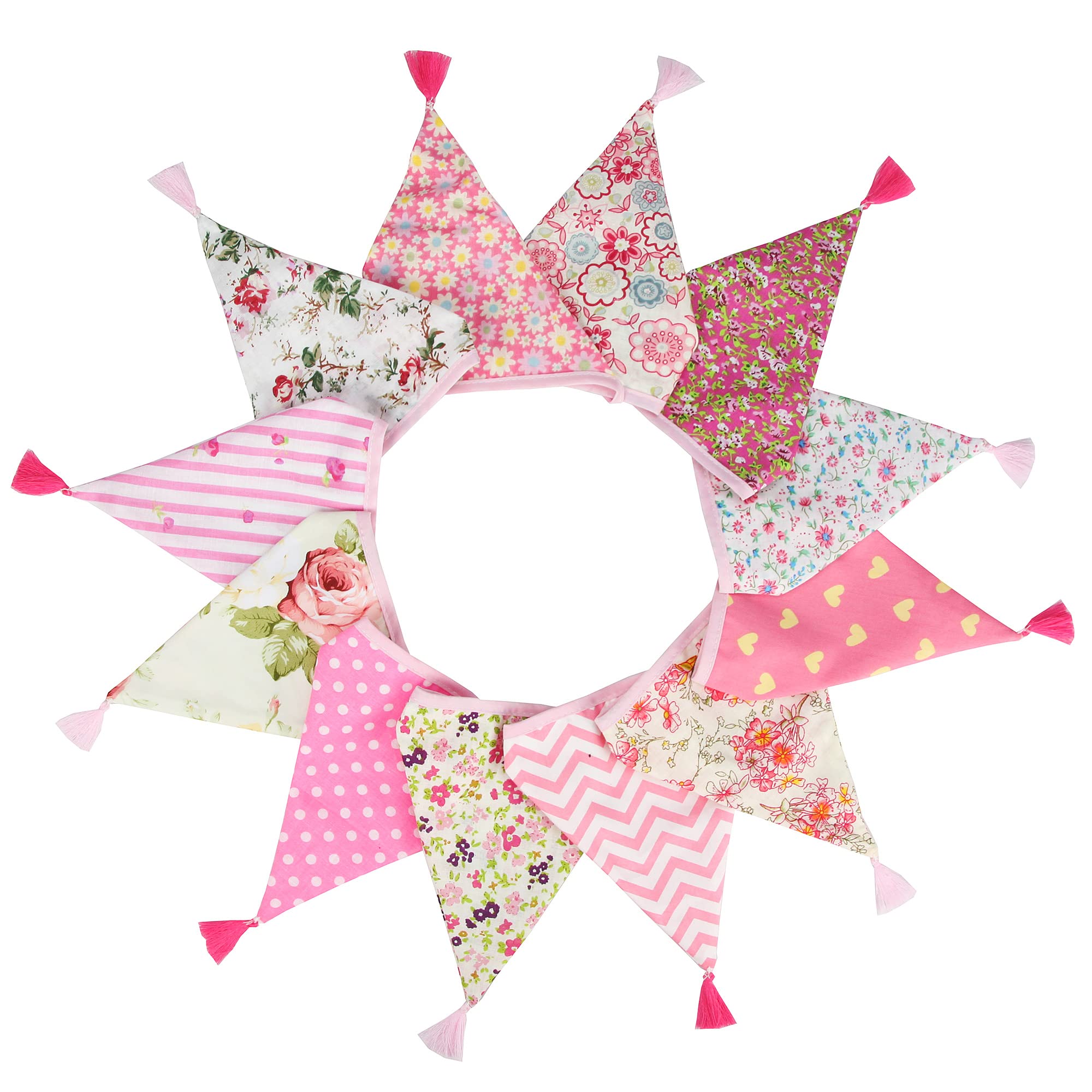 G2PLUS Fabric Bunting Banner with Tassel, 3.3M Double Sided Cotton Tassel Banner with 12 Pink Triangle Pennants, Vintage Cloth Garlands for Nursery Bedroom Playhouse Decoration