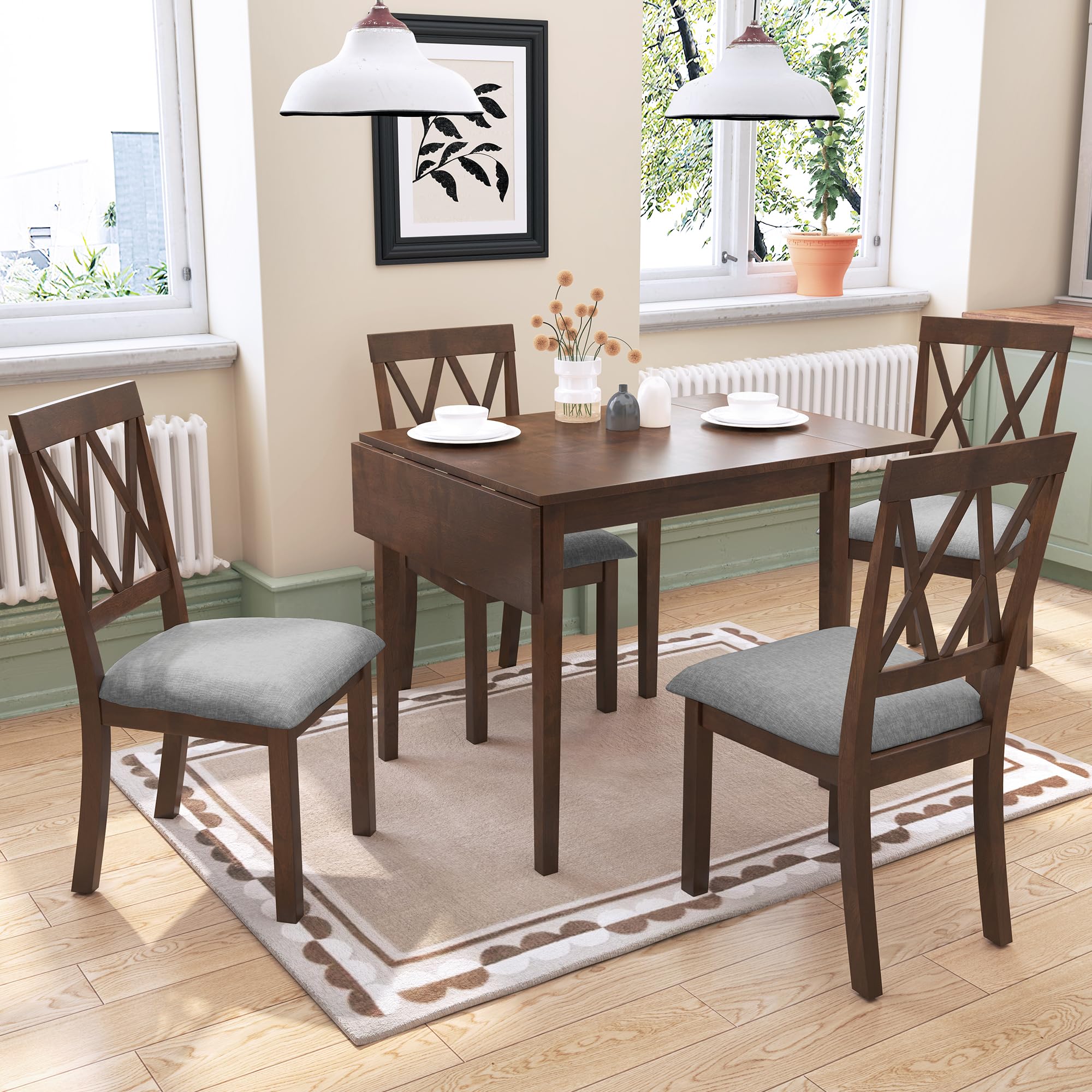 Photo 1 of ***CHAIRS MISSING***
Merax Farmhouse Wooden Dining Set of 5, 29"- 45" Extendable Dining Table with Drop Leaf, 4 Upholstered Chairs for Kitchen,Space Saving, Brown
