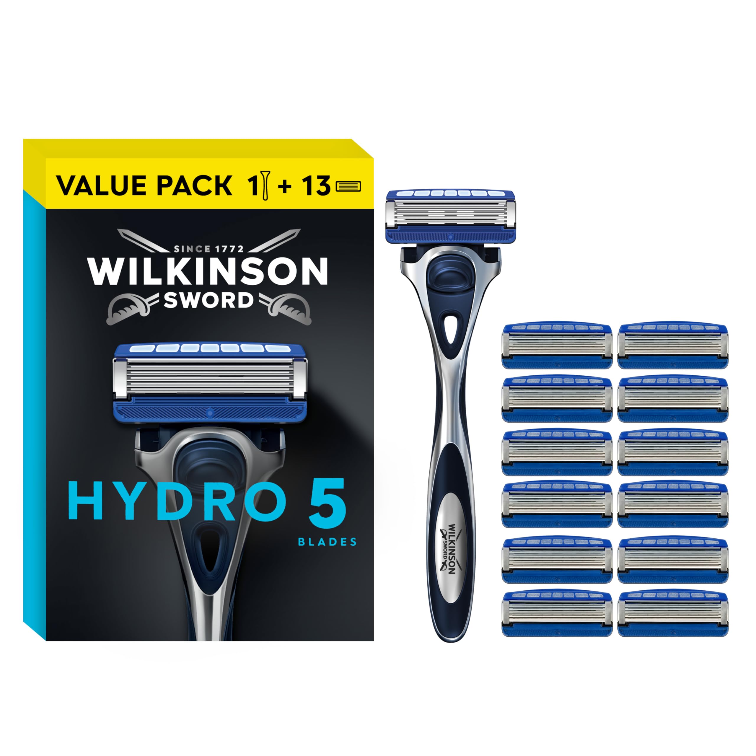 Wilkinson Sword Hydro 5 Men’s Razor, Great Addition to Wash Bags for Men's Grooming, Great Shavers for Routine Shaving, 1 Reusable Handle plus 13 Refill Blades Pack WINNER OF THE WHICH? BEST BUY AWARD