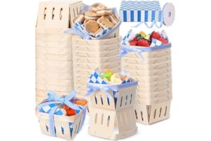 Vesici 61 Pcs/30 Sets Pint Wood Berry Basket with Wax Paper Sheets Gingham Ribbon 4 x 4 Inch Farmers Market Mini Display Basket for Blueberry Baby Shower Birthday Party Supplies Gift(Plaid,Blue)
