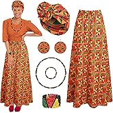 Kuscul 6 Pcs African Printed Outfits for Women with African Head Wrap Dangle Earring Necklace Rasta Beaded Bracelet