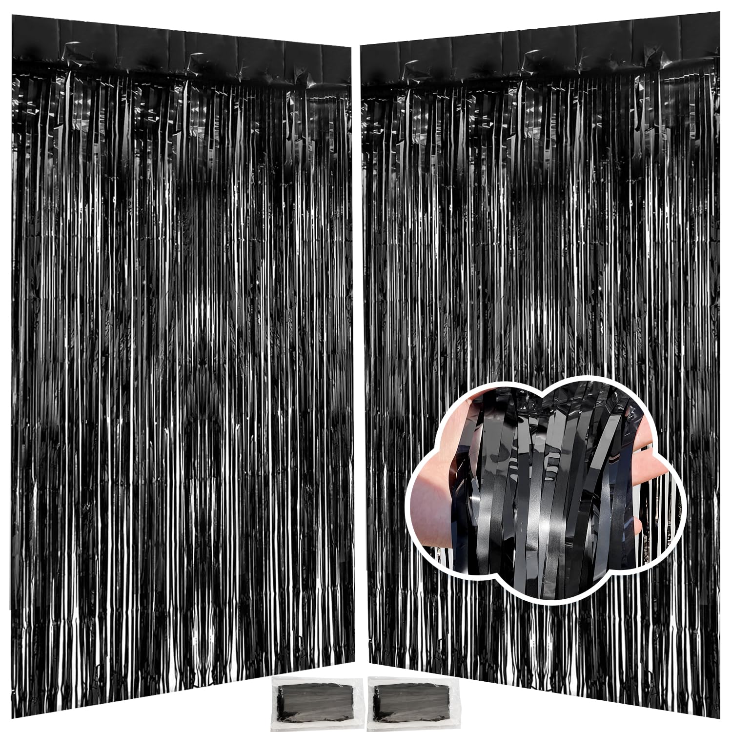 Photo 1 of Black Tinsel Foil Fringe Curtains 3.3 x 8.2 ft, Black Fringe Backdrop for Streamers Party Decorations, Glitter Photo Backdrop for Door Decorations Hanging Birthday Bachelorette Halloween (2 Pack)