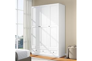LABROSKIA White Wardrobe Closet with 3 Doors: Bedroom Armoire Wardrobe Closet with 3 Drawers, Wooden Wardrobe Closet for Hanging Clothes, Wood Cabinet for Clothes and Shelves(White, 47")