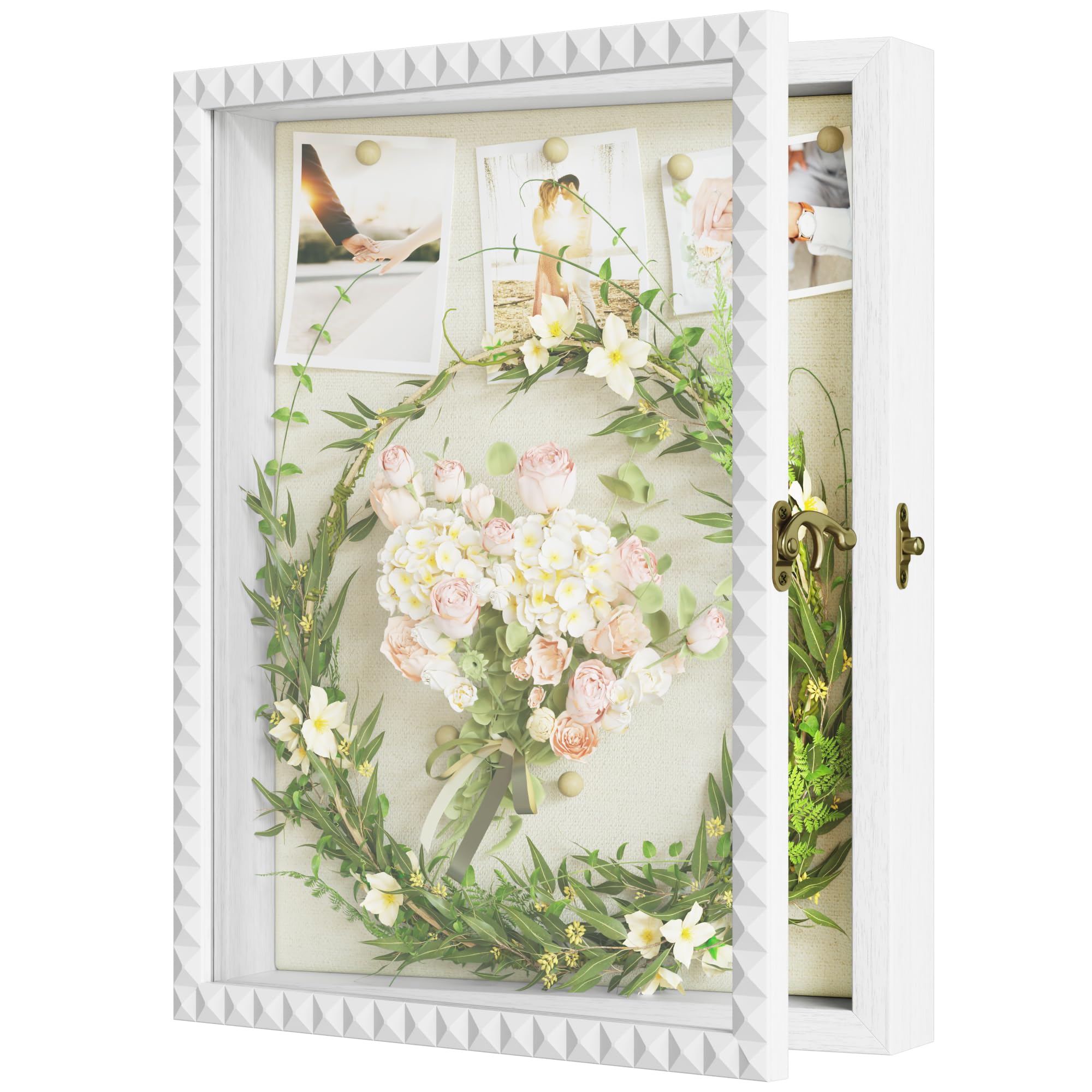 Photo 1 of SZQINJI Shadow Box Frame 11x14 Deep Large Shadow Box Display Cases Wood Memory Box with Diamond Shape Door Vintage Lock for Graduation Medals Photos Baby Wedding Flower Pet Memorial Keepsakes White