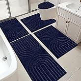 HEBE Bathroom Rugs Set 5 Piece, Plush Absorbent Bath Mats for Bathroom, Non Slip Machine Washable Bath Mat Set with Toilet Cover, Bath Runner and U-Shaped Contour Toilet Rug, Navy Blue