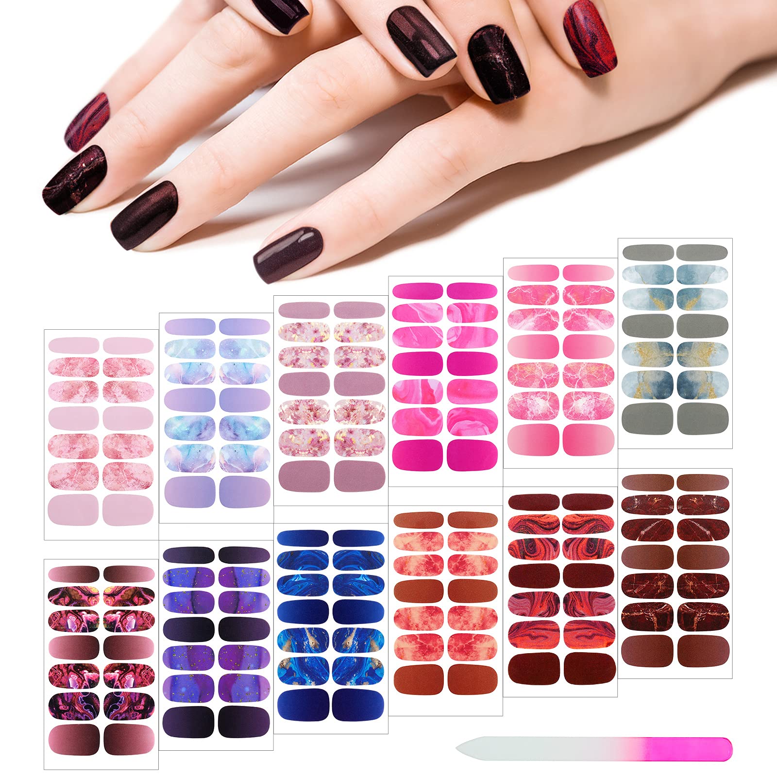 Photo 1 of Maitys 168 Pcs 12 Sheets Full Wrap Nail Stickers Polish Strips Gradient Stickers Glitter Self Adhesive DIY Gel Nail Strips Decals with 1 Pcs Fingernail Files for Holiday Decor(Lovely Style)