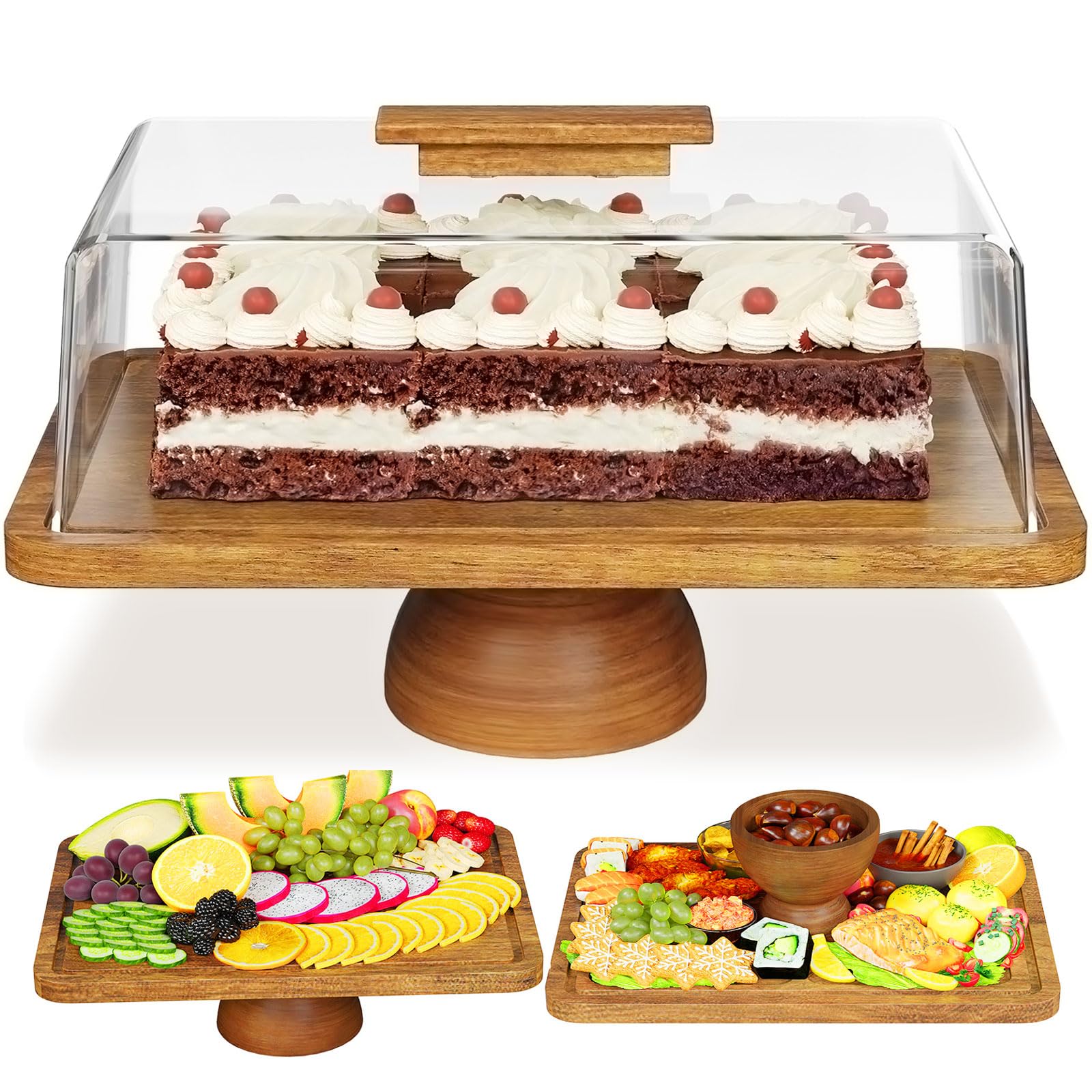 Photo 1 of **MISSING LID HANDLE/LIDS HAS CRACKS**Acacia Wood Cake Stand with Lid, 2-in-1 Rectangular Cake Holder, Large Dessert Table Display Set & Charcuterie Board with Acrylic Dome Cover, for Cheese, Chips, Fruit Platter