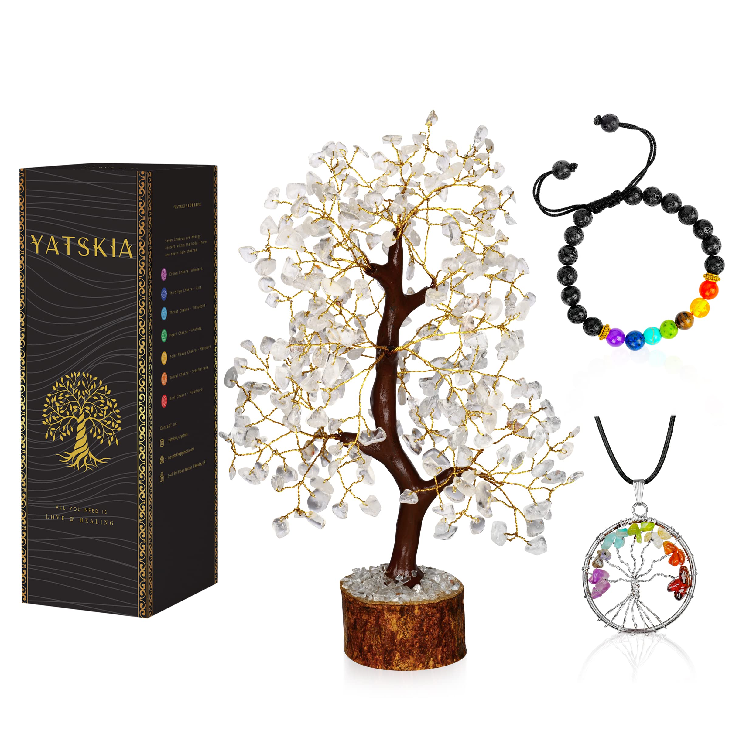 YATSKIA Clear Quartz Crystal Wire Tree - Crystal Trees - Positive Energy - Tree of Life Decor - Crystal Ornaments - Quartz Crystal - Gem Tree - Crystals Gifts for Women - Spiritual Décor