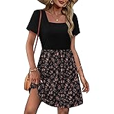 OFEEFAN Womens Summer Dresses 2025 Short Sleeve Square Neck Casual Sundresses with Pockets A-Line Color Block