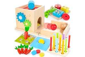 JUSTWOOD Montessori Toys for 1+ Year Old, 8-in-1 Wooden Play Kit Includes Object Permanent Box, Learning Activity Cube, Sorting & Stacking Toy, Carrot Harvest Game, Gift for Boys Girls Age 12+ Months