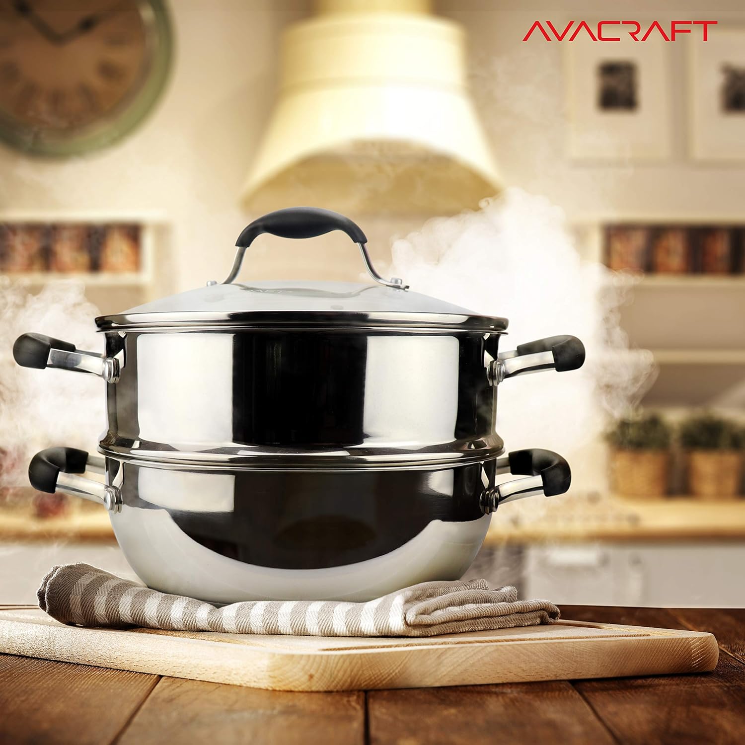 AVACRAFT 18/10, 3 Piece Stainless Steel Steamer Cooking Pot Set, Steamer for Cooking, Everyday Pan, Steamer Pan Set, with Glass Lid, Induction Cooktop Pan: Kitchen & Dining