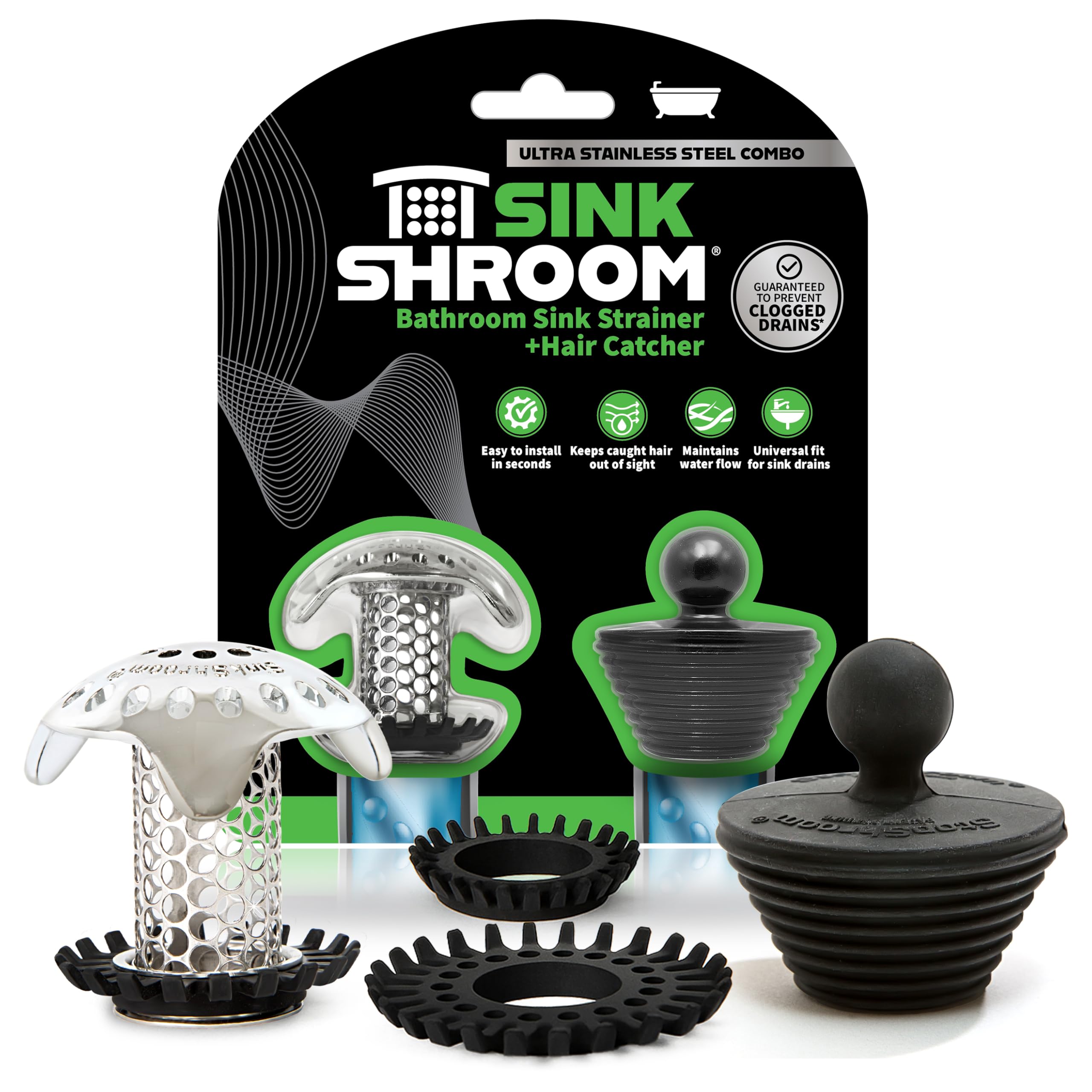 SinkShroom Ultra Revolutionary Bathroom Sink Drain Protector, Stainless Steel, Combo with Stopper