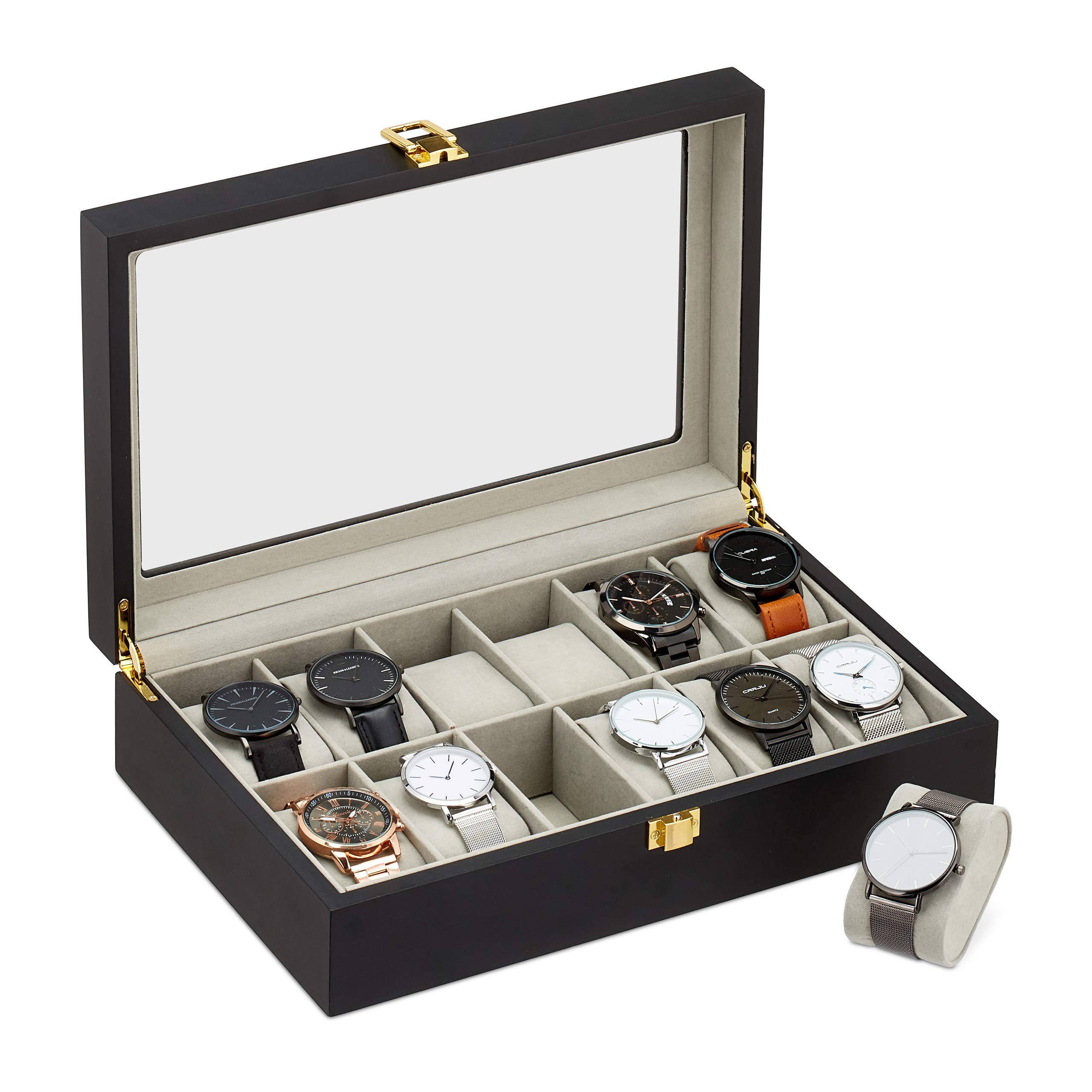 Relaxdays Watch Box, 12 Slots, Glass Window, Scratch Protection, Velvet Lining, Wooden, Chest, HWD 8 x 31 x 20 cm, Black