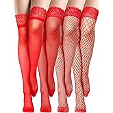 Bencailor 4 Pairs Fishnet Thigh High Stocking for Women Silicone Lace Top Sheer Over Knee High Silky Stockings