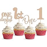24Pack First Birthday Cupcake Topper - Glitter Rose Gold One Cupcake Picks,1st Birthday Cupcake Decorations Supplies (Rose Gold)