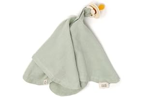 Kishu Baby Indi Organic Paci Blanket - Fairtrade & GOTS Certified 100% Organic Cotton Muslin Mini Baby Blanket with Snap to Secure Baby Pacifier - Pacifier Not Included (Sage)