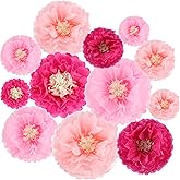 Gejoy 12 Pieces Pink Paper Flowers Tissue Pom Poms Giant Tissue Paper Chrysanth Fiesta Flowers DIY Crafting for Wedding Backdrop Bridal Baby Shower Birthday Nursery Outdoor Wall Decoration