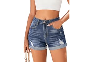 Bosmeer Women's Mid-High Rise Ripped Denim Shorts Stretchy Distressed Jean Shorts with Pockets Folded Hem Casual Summer Jorts