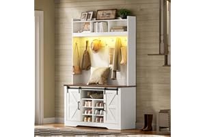 RALGEND Farmhouse Hall Tree with Shoe Storage, 5-in-1 Entryway Bench with Coat Rack, 6 Shoe Cubbies & 9 Coat Hooks, Adjustable Shoe Storage, Mudroom/Entryway Organizer, White and Walnut