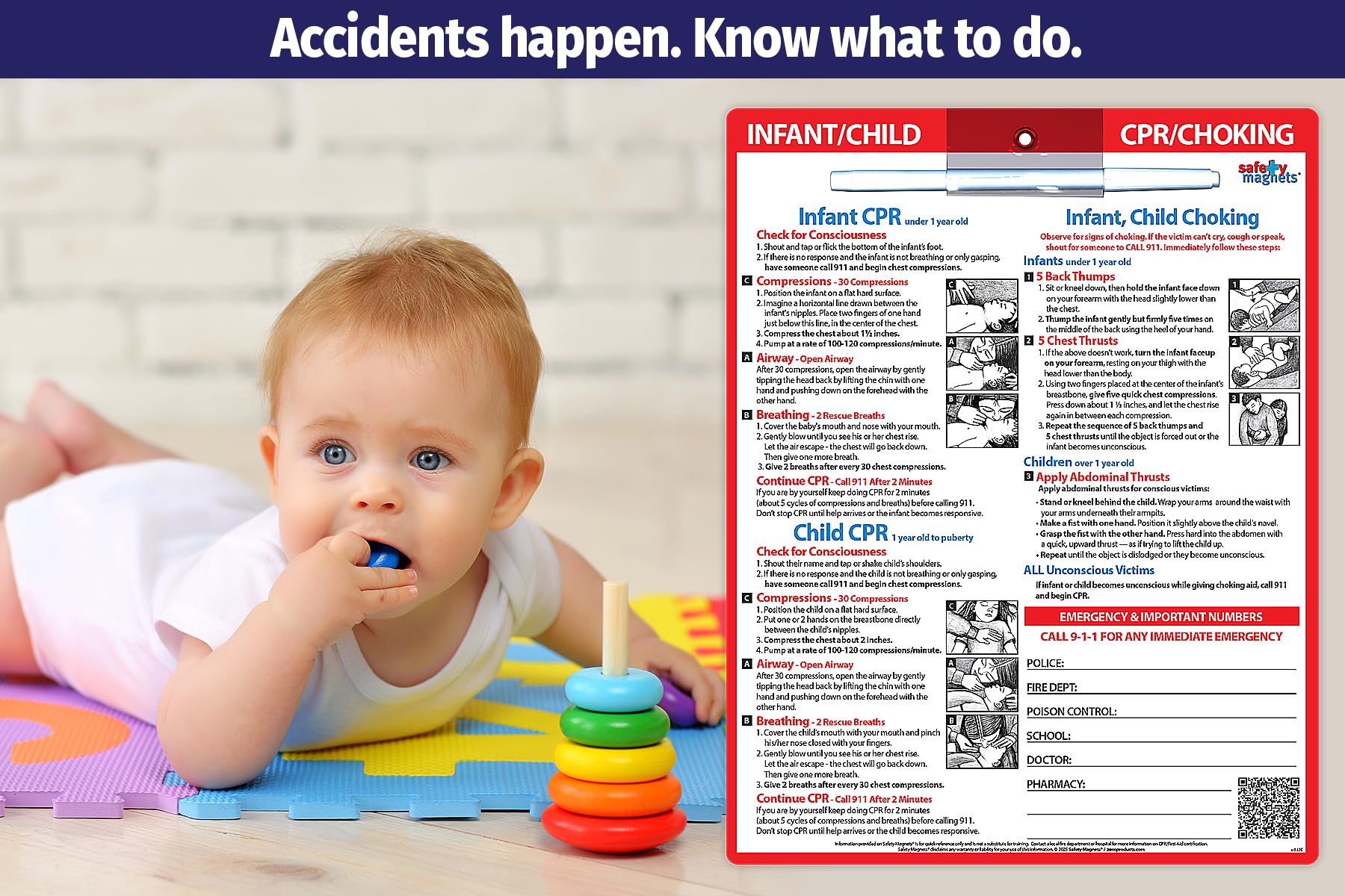 ZOCO – Baby First Aid Chart, Infant & Child CPR & Choking Magnet – Emergency Numbers Laminated Fridge Card – First Aid, Heimlich Maneuver Steps for Parents, School Nurse, Daycare
