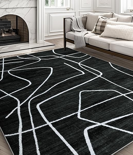 YIHOUSE WASHABLE AREA RUG 6’X9′-ABSTRACT BLACK AND WHITE RUG FOR LIVING ROOM BEDROOM, LARGE MODERN NON-SLIP ULTRA-THIN RUG HOME DECOR,BLACK ABSTRACT,6X9FT