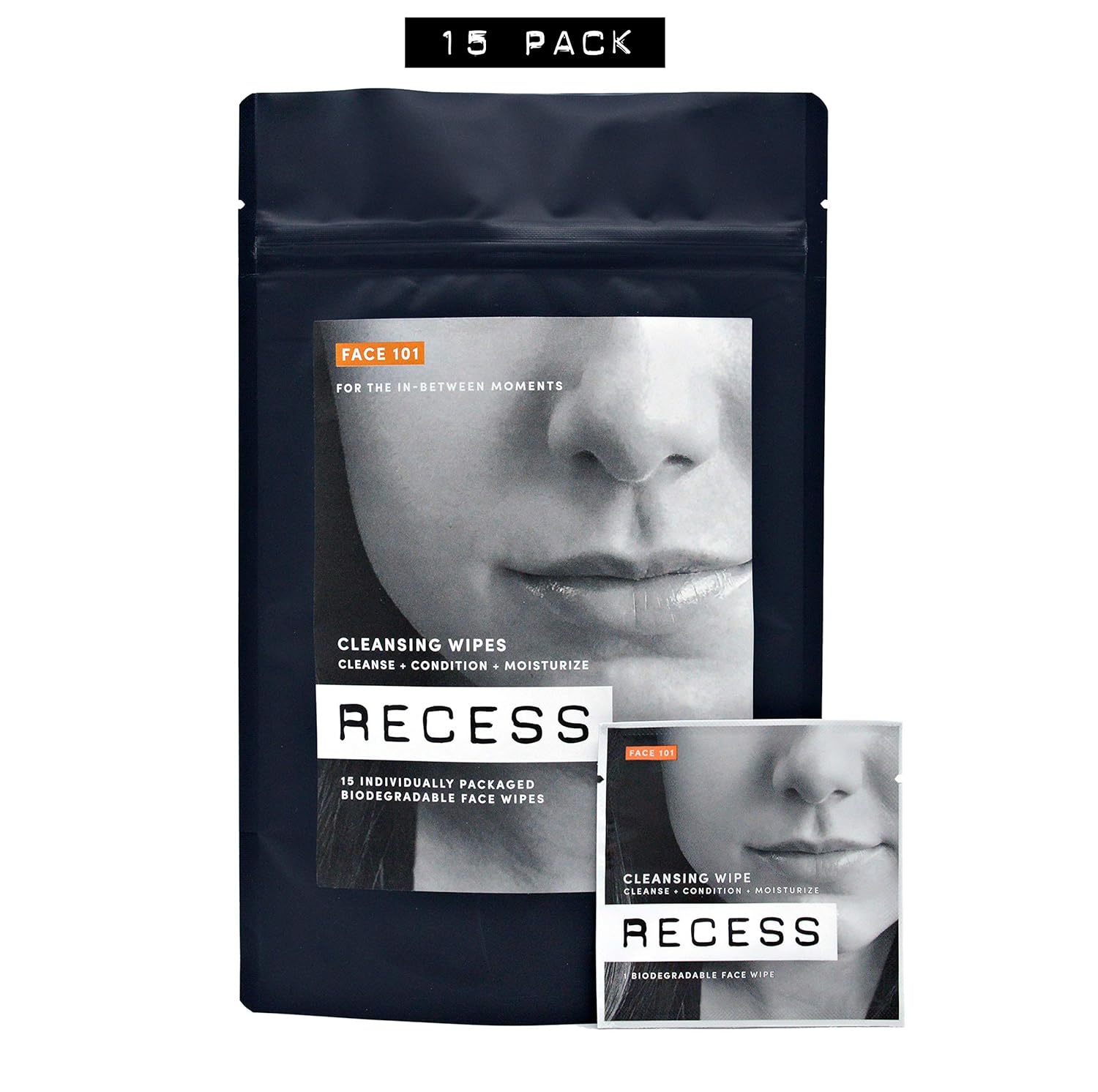 Face Wipes for Sensitive Skin &ndash; Alcohol Free &ndash; Cleansing, Moisturizing, Hydrating &ndash; Hyaluronic Acid | Lightly Scented Facial Cloths with Citrus | RECESS, FACE 101 (15 Pack)