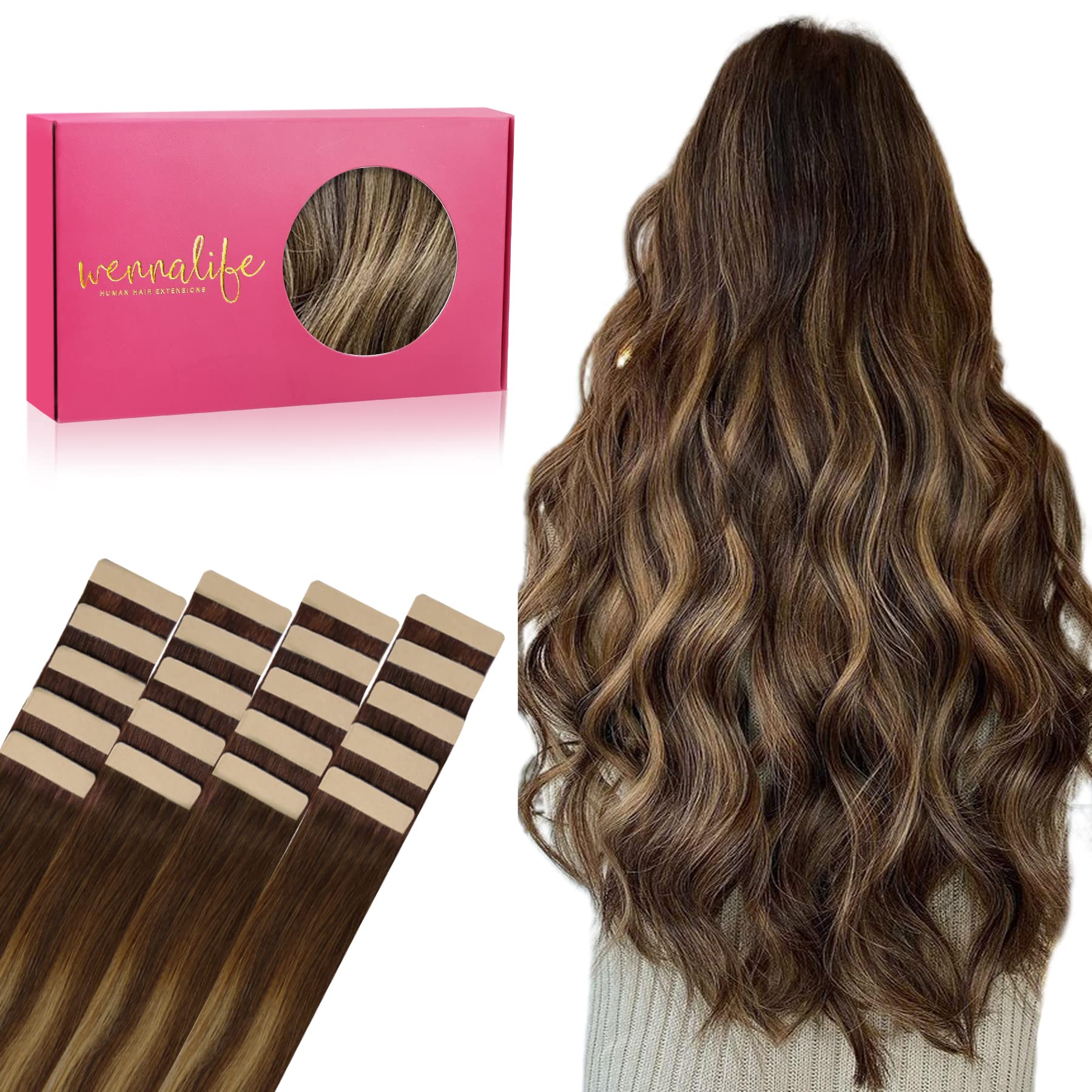WENNALIFE Tape-In Real Hair Extensions, Real Hair, Pack of 20, 50 g, 55 cm/22 Inches, Balayage Chocolate Brown to Caramel Blonde, Remy, Invisible Tape, Silky Straight, Skin Weft Tape Ins — image 1
