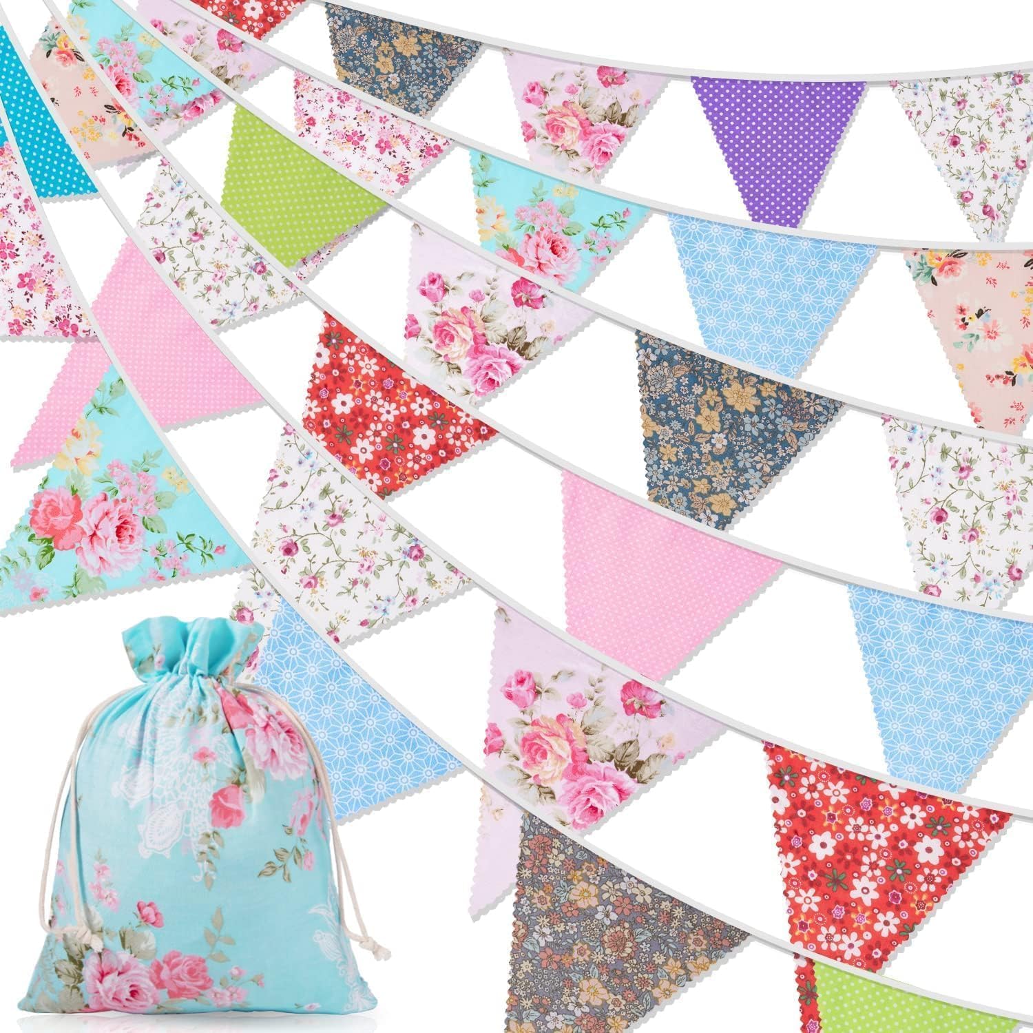 Orifinter 45.9ft Fabric Bunting, 46 Flags Vintage Bunting Banner + Drawstring Bag, Mothers Day Bunting Flags, Reusable Floral Bunting for Easter, Afternoon Tea, Outdoor, Birthday, Garden Party