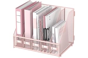 SUPEASY Desk Organizers Metal Desk Magazine File Holder with 5 Vertical Compartments Rack File Organizer for Office Desktop, Classroom, Home Workspace, Pink Plus