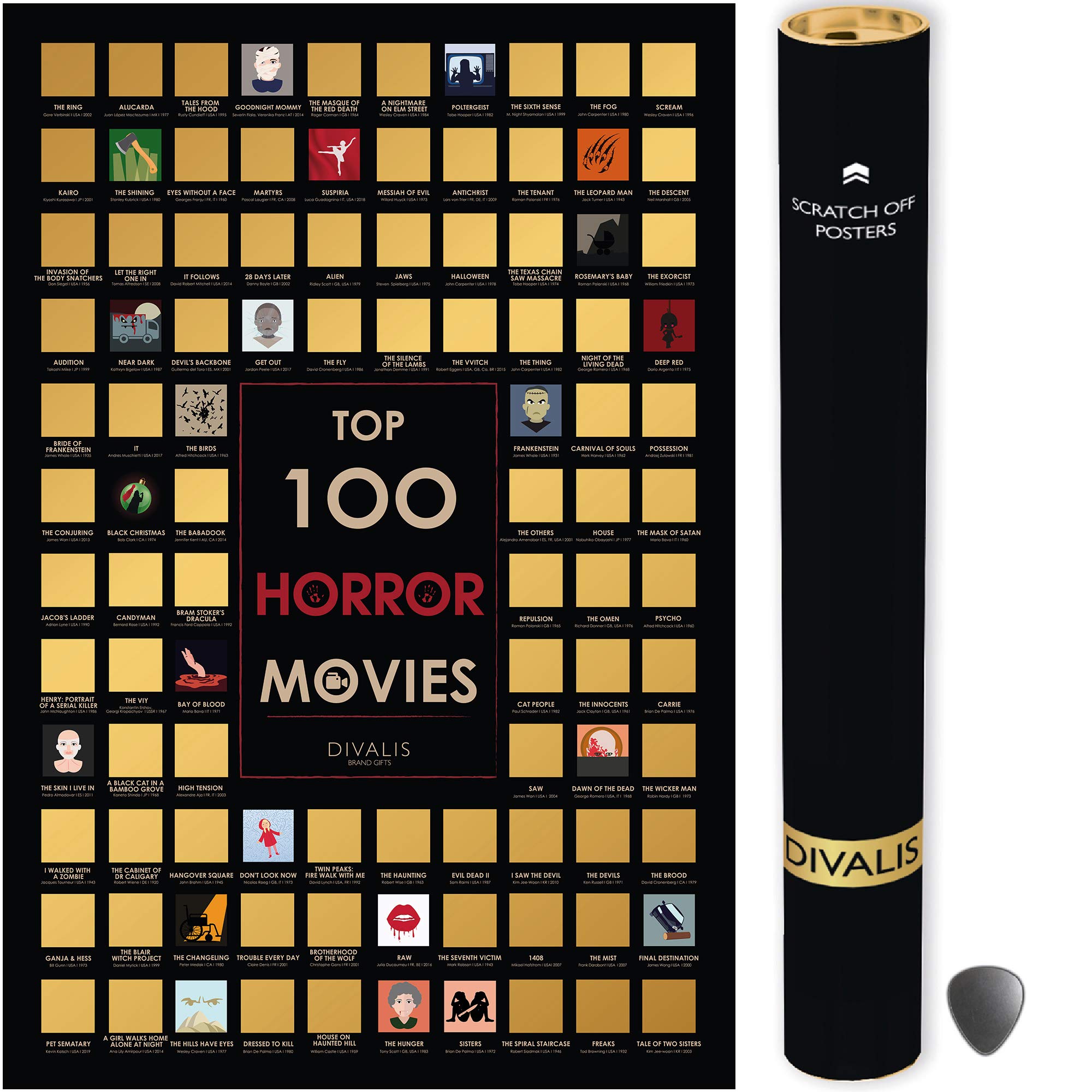 Divalis Top 100 Horror Movies Scratch off Poster - Large Cinema Scratchable Poster - Horrors of all Time Bucket List - Must See Movie Challenge - Films to Watch