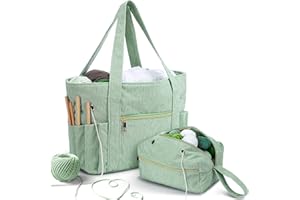 Bulyoou 2 Pcs Crochet Bag and Tote Set Corduroy Yarn Bag Crochet Tote Bag for Crochet Hooks Organizer Yarn Holder for Crochet Lovers Knitting Bag Crochet Accessories(Green)