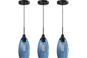 Viinew Mini Glass Pendant Light,4.72" Dark Blue Glass Hanging Light 3-Pack Handblown Clear Blue Seeded Shade Adjustable Cord Ceiling Light Fixture for Kitchen Island Sink