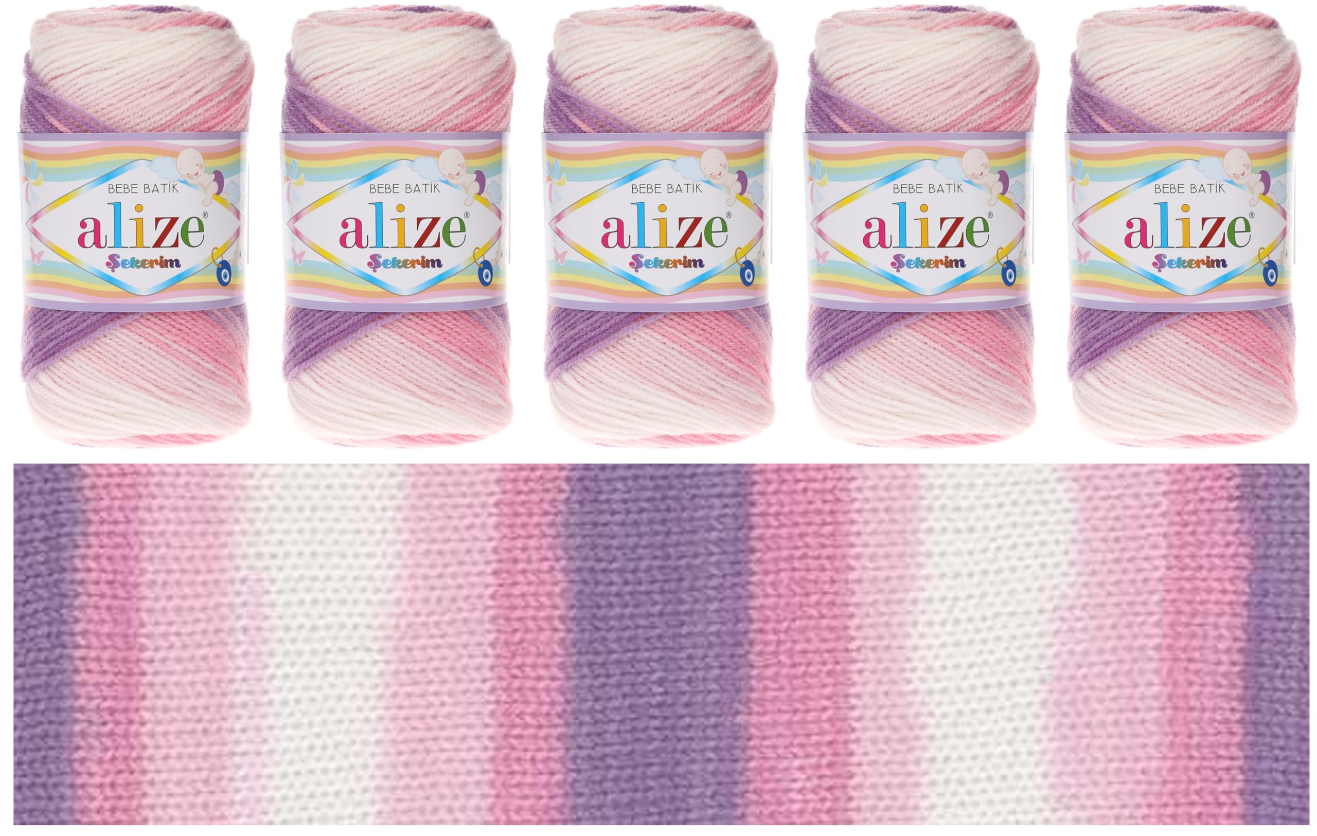 Rome Yarn Sekerim Bebe Batik Yarn 5 x 100g, 320m, 100% Acrylic Baby Wool, Pink, DK Batik Yarn