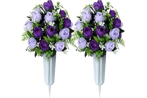Artificial Cemetery Flowers for Grave Decorations, Memorial Roses Flowers Bouquet with Vase for Cemetery Headstones Decoratio