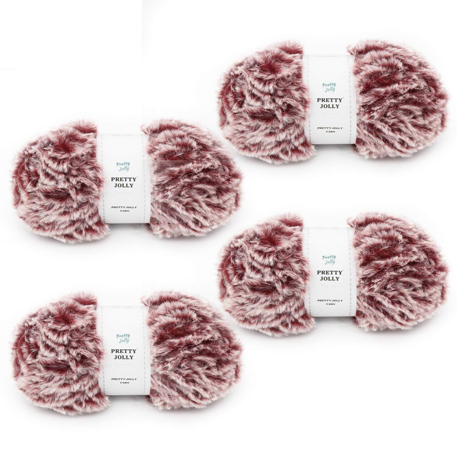Pretty Jolly 4 Balls Faux Fur Super Soft Chunky Fluffy Eyelash Polyester Yarn - Wine Red with White — image 1